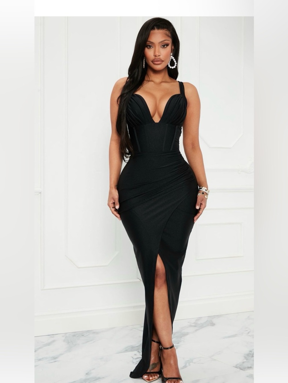 Black Midi Bodycon Dress with Plunging Corset Neckline